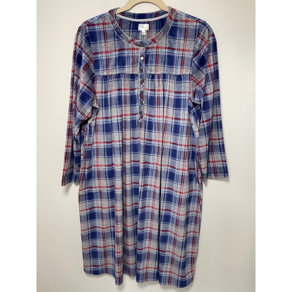 Aria Collection Plaid Fleece Nightgown Pajamas House Dress Pockets Plus Size 3X